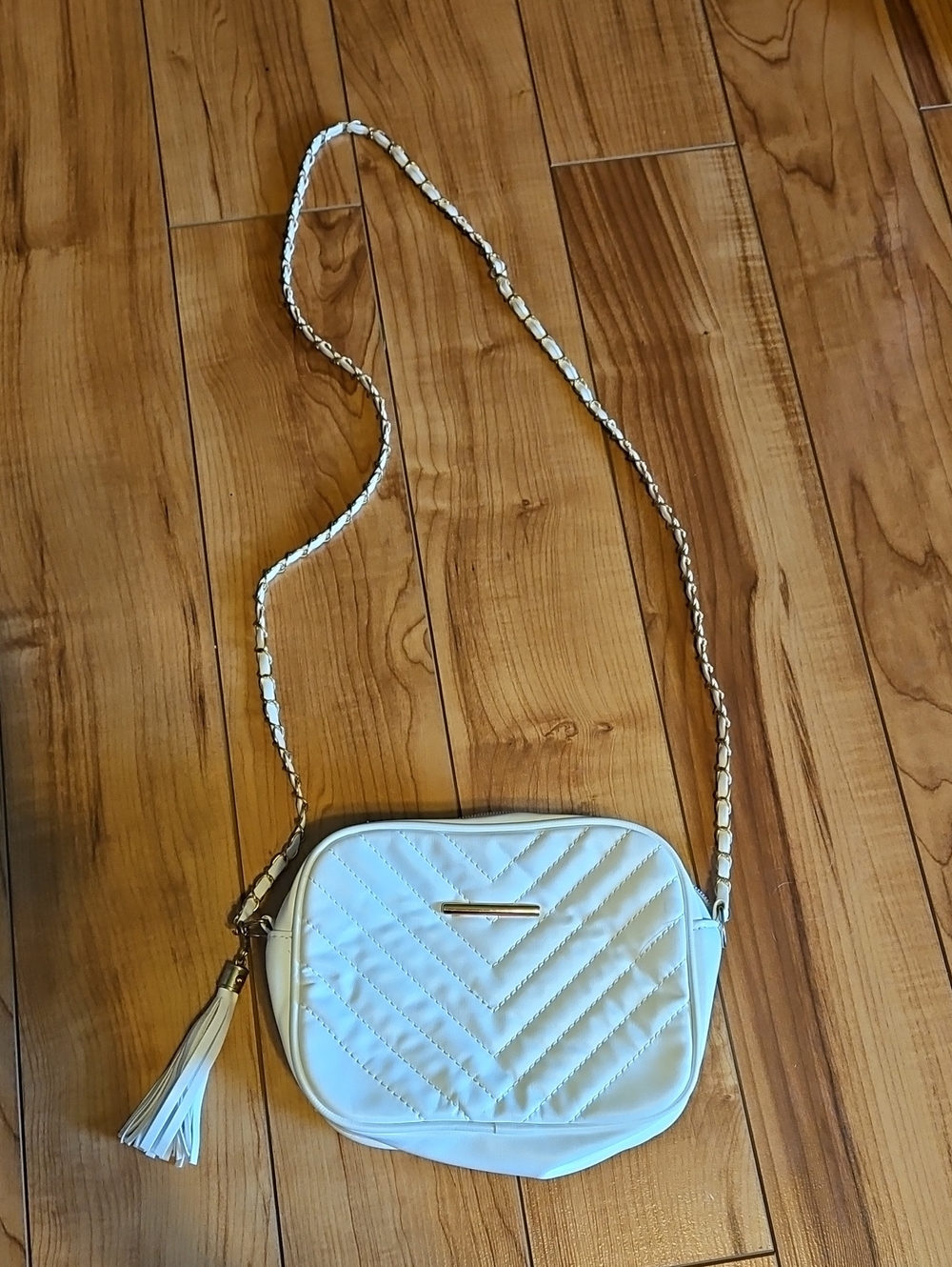 Quilted Crossbody Bag with Tassel - White